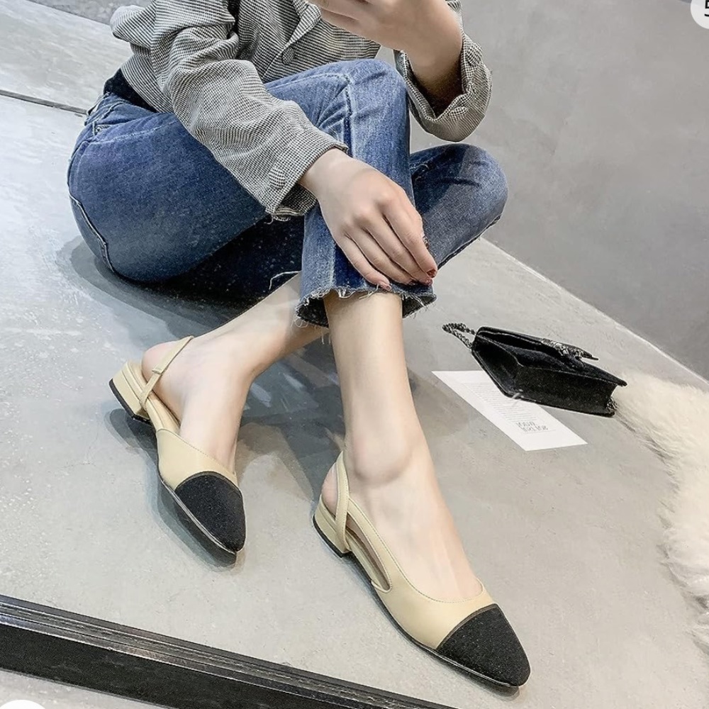 Brand New Sling Back Flats - Cap Toe - Black and Camel